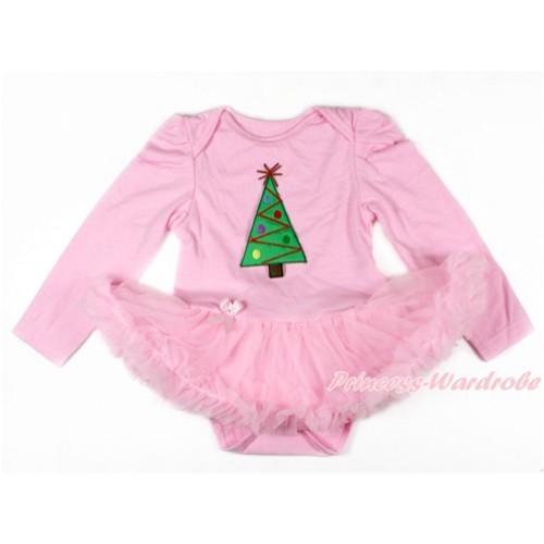 Xmas Light Pink Long Sleeve Baby Bodysuit Jumpsuit Light Pink Pettiskirt With Christmas Tree Print JS2637 